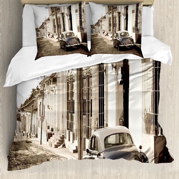 Abakuhaus Set Copripiumino Vintage Per Letti Matrimoniali, Vecchia Auto Cuba Street, Antiacaro Adatto A Chi Soffre Di Allergie Con Federe, Beige-image