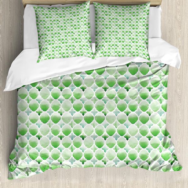 Abakuhaus Quatrefoil Copripiumino, Clovers Marocchino, Antiacaro, Adatto A Chi Soffre Di Allergie, Con Federe, 155 Cm X 220 Cm - 80 X 80 Cm, Bianco Verde-image