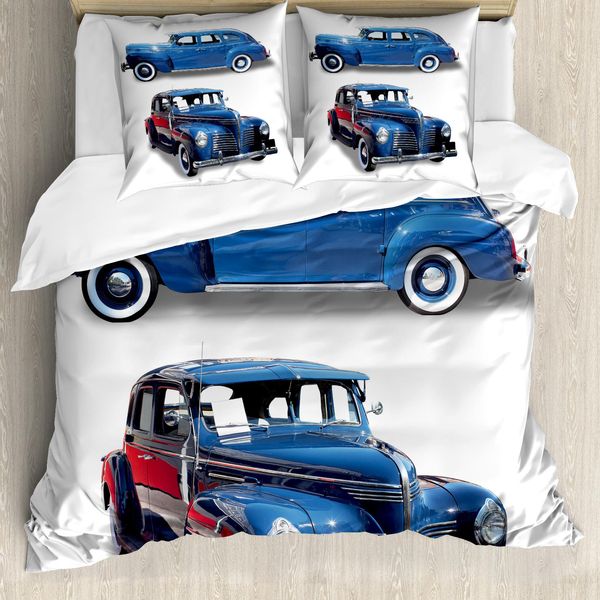 Abakuhaus Copripiumino Oldtimer, Veicolo Antico, Antiacaro, Adatto A Chi Soffre Di Allergie, Con Federe, 200 Cm X 200 Cm - 80 X 80 Cm, Blu Rosso-image