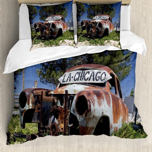 Abakuhaus Copripiumino Oldtimer, Vecchia Auto Abbandonata Usa, Antiacaro, Adatto A Chi Soffre Di Allergie, Con Federe, 200 Cm X 200 Cm - 80 X 80 Cm, Marrone, Verde, Blu-image