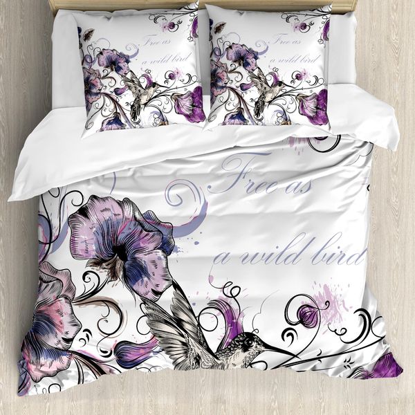 Abakuhaus Copripiumino Kolibri, Ricamo Floreale Elaborato, Antiacaro, Adatto A Chi Soffre Di Allergie, Con Federe, 200 Cm X 200 Cm - 80 X 80 Cm, Viola Nero-image