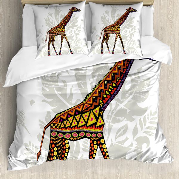 Abakuhaus Set Copripiumino Giraffa Per Letti Matrimoniali, Animali Africani Etnici, Antiacaro, Adatto A Chi Soffre Di Allergie, Con Federe, Multicolore-image