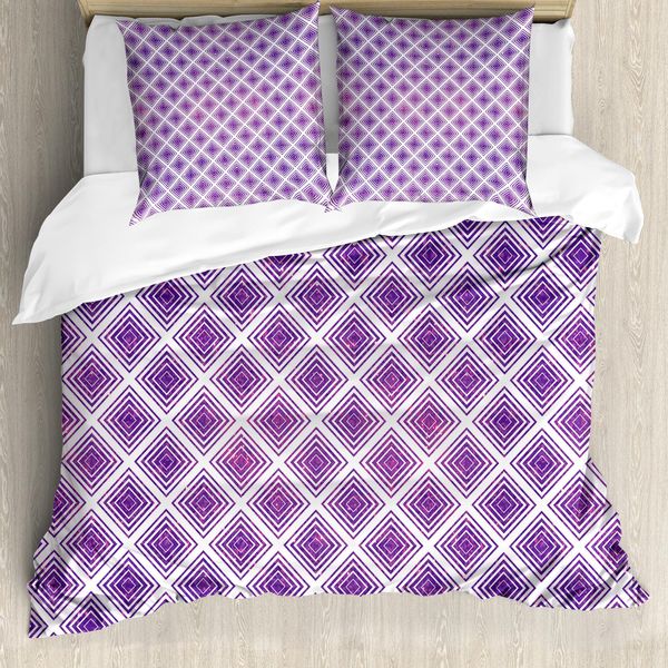 Abakuhaus Copripiumino Viola, Stile Retrò Astratto, Antiacaro, Adatto A Chi Soffre Di Allergie, Con Federe, 155 Cm X 220 Cm - 80 X 80 Cm, Viola E Bianco-image