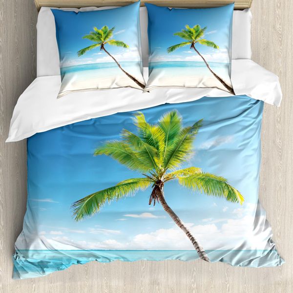 Abakuhaus Copripiumino Tropicale, Palme Sui Caraibi, Antiacaro, Adatto A Chi Soffre Di Allergie, Con Federe, 155 Cm X 220 Cm - 80 X 80 Cm, Blu, Verde, Beige-image