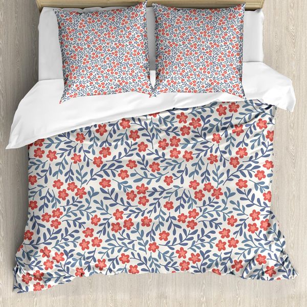 Abakuhaus Copripiumino Vintage, Motivi Floreali Retrò In Stile Bohemien, Antiacaro E Anallergico, Con Federe, 200 Cm X 200 Cm - 80 X 80 Cm, Rosso, Blu, Bianco-image