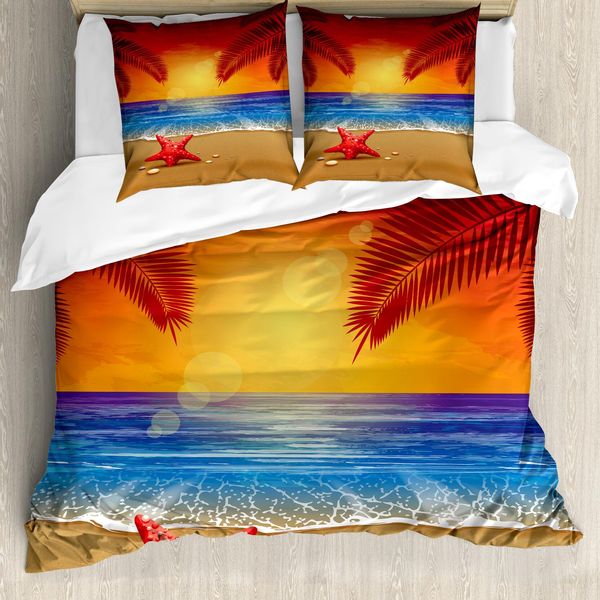 Abakuhaus Copripiumino Tropicale, Cartoon Ocean Beach Palm, Antiacaro, Adatto A Chi Soffre Di Allergie, Con Federe, 155 Cm X 220 Cm - 80 X 80 Cm, Rosso, Giallo, Blu-image