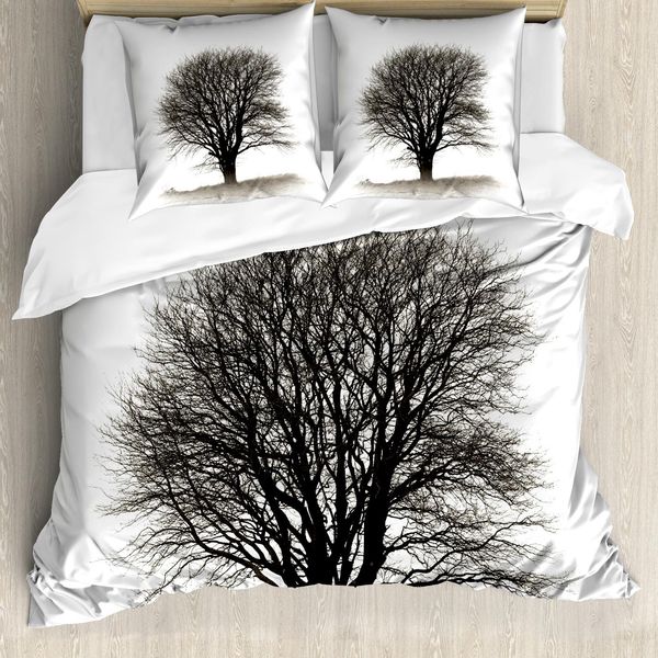 Abakuhaus Copripiumino Grigio, Fall-Baum Arte Monocromatica, Antiacaro Adatto A Chi Soffre Di Allergie Con Federe, 155 Cm X 220 Cm - 80 X 80 Cm, Beige Nero-image