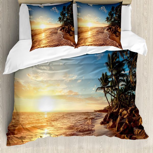Abakuhaus Copripiumino Tropicale, Palme Sulla Spiaggia, Antiacaro, Adatto A Chi Soffre Di Allergie, Con Federe, 155 Cm X 220 Cm - 80 X 80 Cm, Blu Giallo Marrone-image