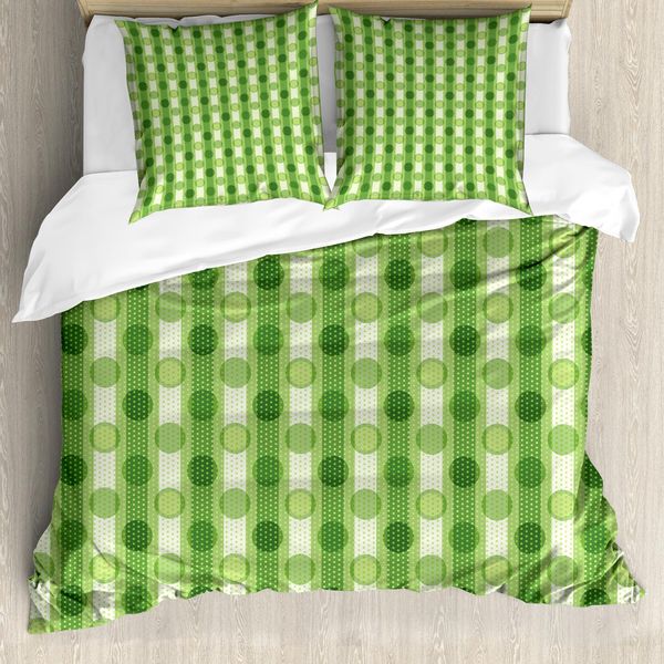 Abakuhaus Set Copripiumino Verde Per Letti Matrimoniali, A Pois E Righe Retrò, Antiacaro, Adatto A Chi Soffre Di Allergie, Con Federe, Verde-image