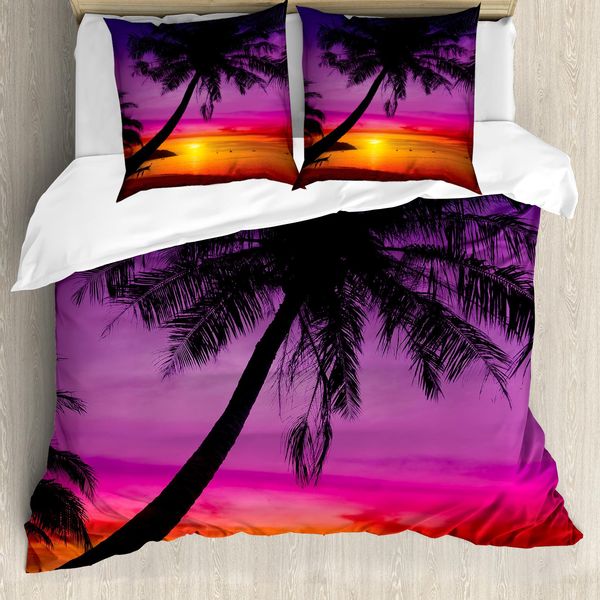 Abakuhaus Copripiumino Tropicale, Ombre Di Palme Al Tramonto, Antiacaro, Adatto A Chi Soffre Di Allergie, Con Federe, 200 Cm X 200 Cm - 80 X 80 Cm, Viola Arancione Nero-image