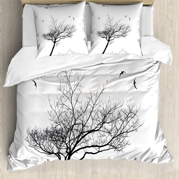 Abakuhaus Copripiumino Bianco E Nero, Albero Flying Birds, Resistente All'acqua, Lavabile, Colori Che Non Stingono, Personalizzato, 200 Cm X 200 Cm - 80 X 80 Cm, Bianco E Nero-image