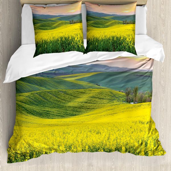 Abakuhaus Copripiumino Giallo, Hills-Tal-Sonnenaufgang, Antiacaro, Adatto A Chi Soffre Di Allergie, Con Federe, 200 Cm X 200 Cm - 80 X 80 Cm, Giallo-Verde-image