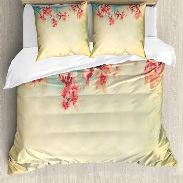 Abakuhaus Copripiumino Con Fiori, Primavera Sakura Vendemmia, Antiacaro Adatto A Chi Soffre Di Allergie Con Federe, 200 Cm X 200 Cm - 80 X 80 Cm, Beige Rosa Verde Acqua-image