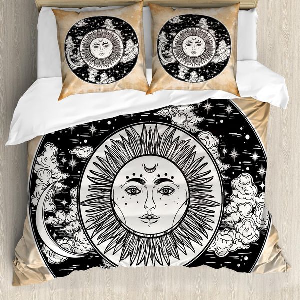 Abakuhaus Copripiumino Mystiker, Sun Stellen Mond, Antiacaro, Adatto A Chi Soffre Di Allergie, Con Federe, 200 Cm X 200 Cm - 80 X 80 Cm, Bianco E Nero Crema-image