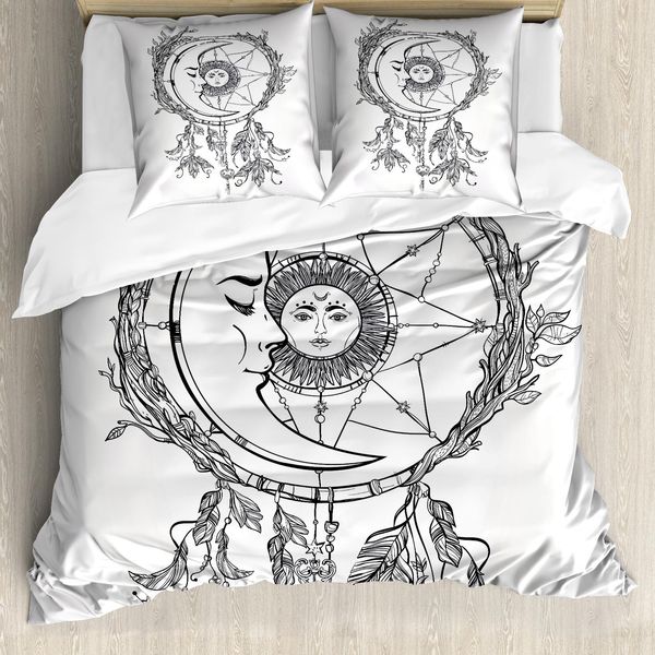Abakuhaus Copripiumino Mystiker, Acchiappasogni Luna, Antiacaro, Adatto A Chi Soffre Di Allergie, Con Federe, 200 Cm X 200 Cm - 80 X 80 Cm, Bianco E Nero-image