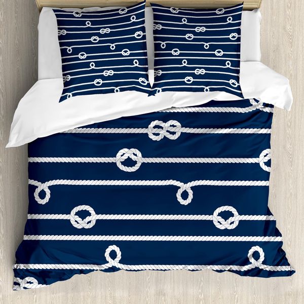 Abakuhaus Copripiumino Blu Navy, Nodi Marinari Mare, Antiacaro, Adatto A Chi Soffre Di Allergie, Con Federe, 155 Cm X 220 Cm - 80 X 80 Cm, Blu E Bianco-image