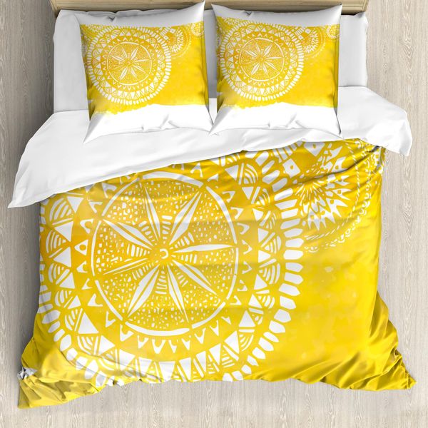 Abakuhaus Copripiumino Giallo, Mandala Oriental Ethnic, Antiacaro, Adatto A Chi Soffre Di Allergie, Con Federe, 155 Cm X 220 Cm - 80 X 80 Cm, Giallo Bianco-image