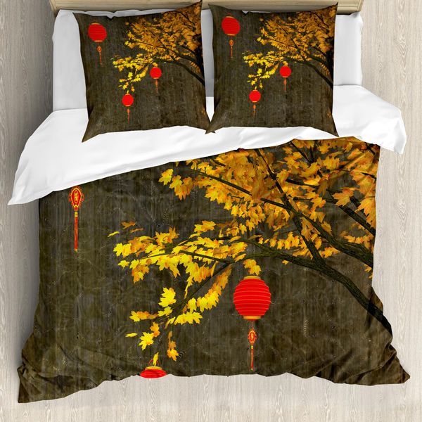 Abakuhaus Copripiumino Laterne, Autunno-Albero-Vendemmia, Antiacaro, Adatto A Chi Soffre Di Allergie, Con Federe, 200 Cm X 200 Cm - 80 X 80 Cm, Rosso Arancione Marrone-image