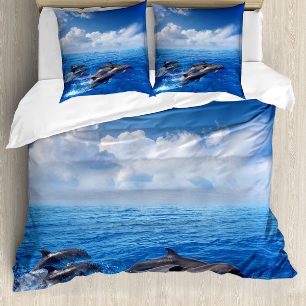 Abakuhaus Set Copripiumino Per Letto Matrimoniale, Delfini Che Saltano Nel Cielo, Antiacaro, Adatto A Chi Soffre Di Allergie, Con Federe, Blu E Bianco-image