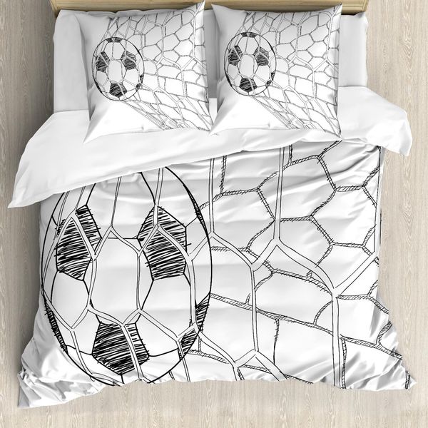 Abakuhaus Copripiumino Calcio, Calcio In Rete, Antiacaro, Adatto A Chi Soffre Di Allergie, Con Federe, 155 Cm X 220 Cm - 80 X 80 Cm, Bianco E Nero-image
