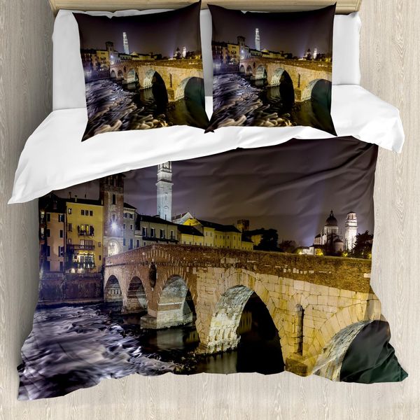 Abakuhaus Copripiumino Paesaggio, Ponte Romano, Antiacaro, Adatto A Chi Soffre Di Allergie, Con Federe, 155 Cm X 220 Cm - 80 X 80 Cm, Nero Beige-image