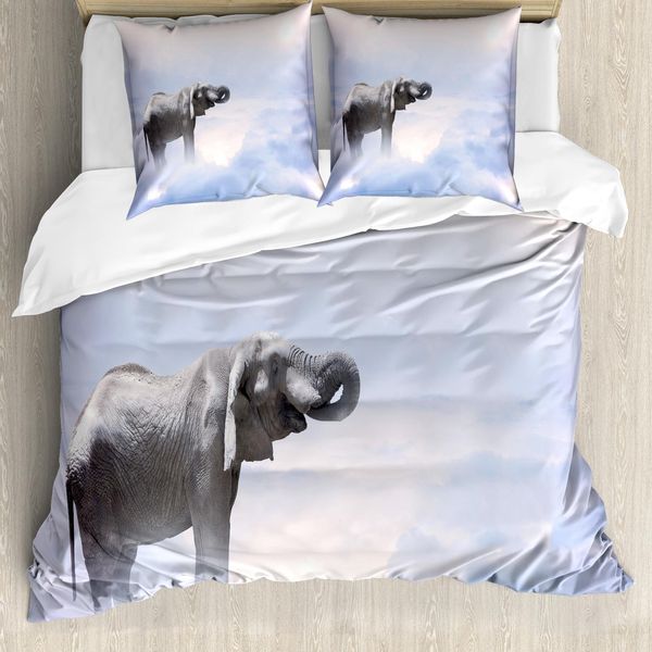 Abakuhaus Set Copripiumino Elefante Per Letti Matrimoniali, Cielo Animal Freedom, Antiacaro Adatto A Chi Soffre Di Allergie Con Federe, Grigio Blu-image