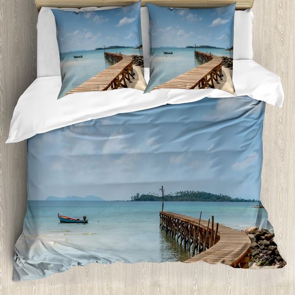 Abakuhaus Copripiumino Paesaggio, Ponte Di Legno Sul Mare, Antiacaro, Adatto A Chi Soffre Di Allergie, Con Federe, 155 Cm X 220 Cm - 80 X 80 Cm, Blu, Marrone,-image