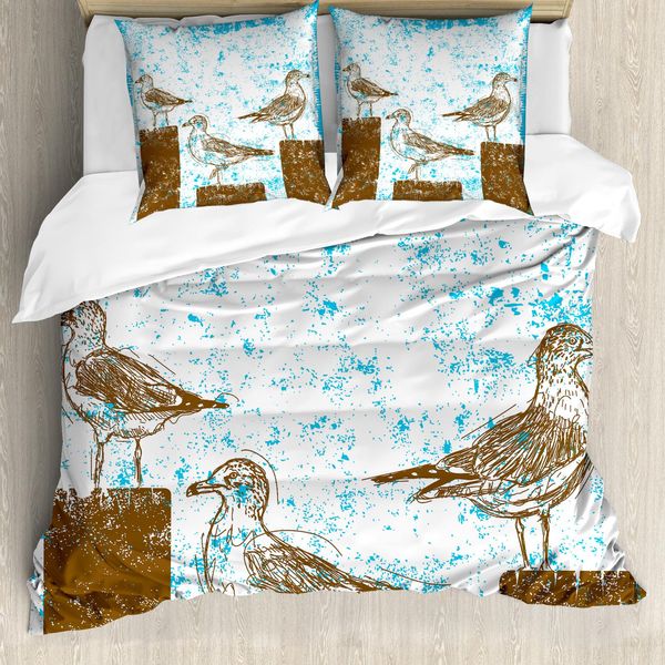 Abakuhaus Copripiumino Seagulls, Grungy Sketch Seagulls, Antiacaro, Adatto A Chi Soffre Di Allergie, Con Federe, 155 Cm X 220 Cm - 80 X 80 Cm, Blu, Bianco, Marrone-image