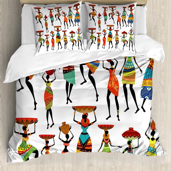 Abakuhaus Set Copripiumino Tribale Per Letti Matrimoniali, Figure Femminili Africane, Antiacaro, Adatto A Chi Soffre Di Allergie, Con Federe, Multiplo-image