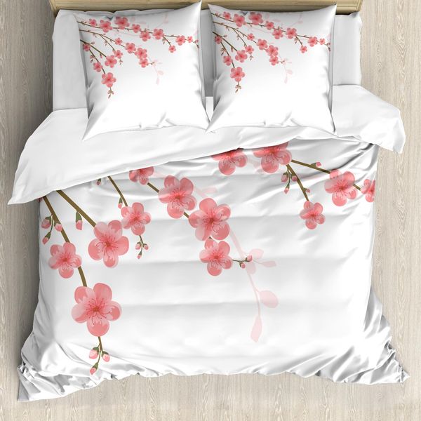 Abakuhaus Copripiumino Con Fiori, Disegno Cherry Blossom, Antiacaro E Anallergico, Con Federe, 200 Cm X 200 Cm - 80 X 80 Cm, Rosa-Verde-image