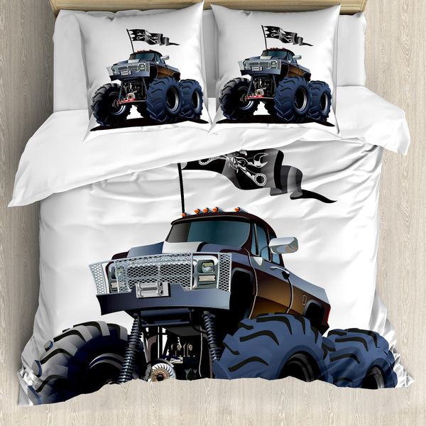 Abakuhaus Copripiumino Autos, Monster Truck-Pirata, Antiacaro, Adatto A Chi Soffre Di Allergie, Con Federe, 155 Cm X 220 Cm - 80 X 80 Cm, Blu Cadetto Bianco-image