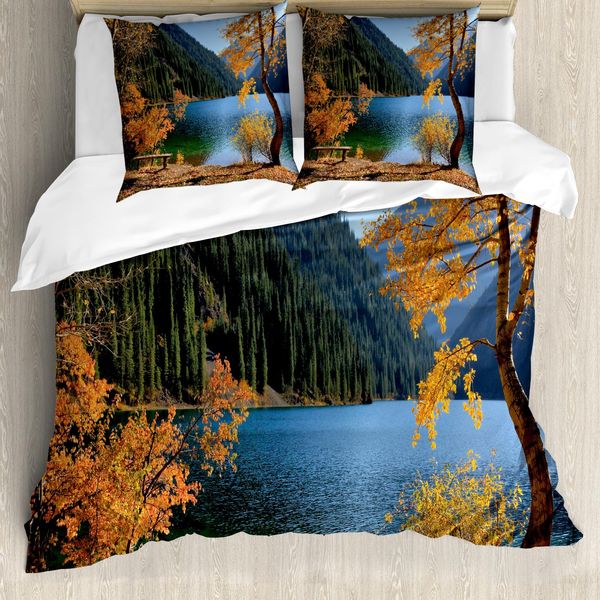 Abakuhaus Copripiumino Baum, Lake Forest Autumn Tree, Antiacaro, Adatto A Chi Soffre Di Allergie, Con Federe, 155 Cm X 220 Cm - 80 X 80 Cm, Arancione Verde-image