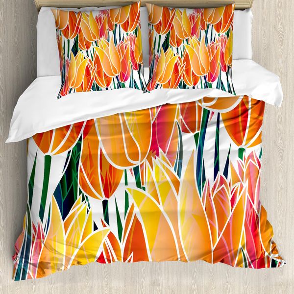 Abakuhaus Copripiumino Tulip, Floral Tulip Garden, Antiacaro, Adatto A Chi Soffre Di Allergie, Con Federe, 200 Cm X 200 Cm - 80 X 80 Cm, Arancione-image