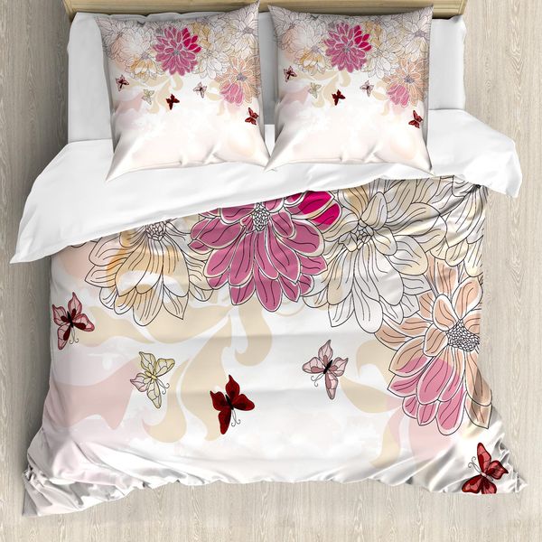 Abakuhaus Set Copripiumino Per Letti Matrimoniali, Fiori Primaverili E Farfalle, Antiacaro, Adatto A Chi Soffre Di Allergie, Con Federe, Rosa Crema-image