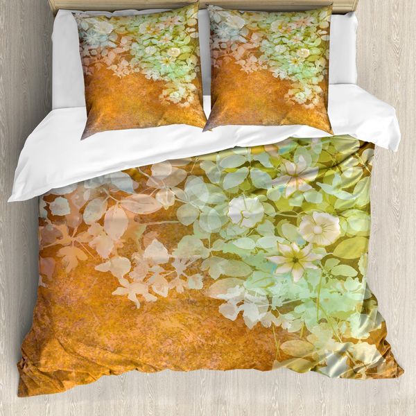 Abakuhaus Set Copripiumino Vintage Per Letti Matrimoniali, Fiori Acquerellati, Antiacaro, Adatto A Chi Soffre Di Allergie, Con Federe, Senape Verde-image