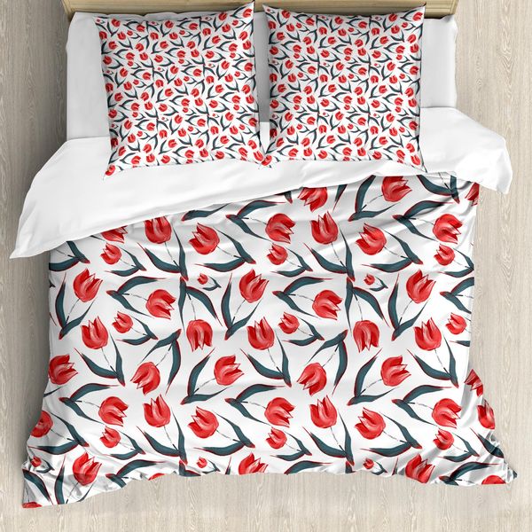 Abakuhaus Copripiumino Tulipano, Tulipani Di Ispirazione Vintage, Antiacaro, Adatto A Chi Soffre Di Allergie, Con Federe, 200 Cm X 200 Cm - 80 X 80 Cm, Rosso Verde-image