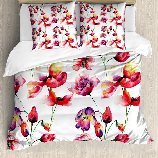 Abakuhaus Copripiumino Tulip, Blooming Tulip Poppy, Antiacaro, Adatto A Chi Soffre Di Allergie, Con Federe, 155 Cm X 220 Cm - 80 X 80 Cm, Rosso-Bianco-image