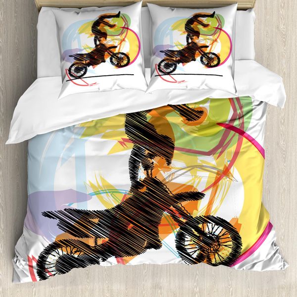Abakuhaus Copripiumino Moto, Motociclista, Antiacaro, Adatto A Chi Soffre Di Allergie, Con Federe, 155 Cm X 220 Cm - 80 X 80 Cm, Nero Giallo-image