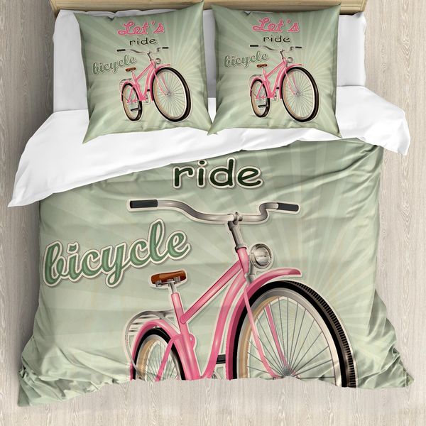 Abakuhaus Copripiumino Bicicletta, Retro Pop Art Bike, Antiacaro, Adatto A Chi Soffre Di Allergie, Con Federe, 155 Cm X 220 Cm - 80 X 80 Cm, Verde, Rosa,-image