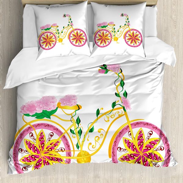 Abakuhaus Copripiumino Bicicletta, Rosa Decorazione Floreale Bicicletta, Antiacaro Adatto A Chi Soffre Di Allergie Con Federe, 155 Cm X 220 Cm - 80 X 80 Cm, Rosa Giallo-image