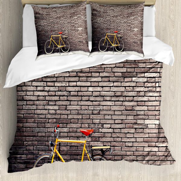 Abakuhaus Copripiumino Bicicletta, Bicicletta Retrò Sul Muro, Antiacaro, Adatto A Chi Soffre Di Allergie, Con Federe, 155 Cm X 220 Cm - 80 X 80 Cm, Grigio, Giallo, Rosso-image