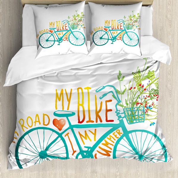 Abakuhaus Copripiumino Bicicletta, Bicicletta Blu Con Fiori, Antiacaro Adatto A Chi Soffre Di Allergie Con Federe, 155 Cm X 220 Cm - 80 X 80 Cm, Turchese Giallo-image
