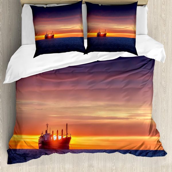 Abakuhaus Copripiumino Nautico, Alba Sul Mare Nave, Antiacaro Adatto A Chi Soffre Di Allergie Con Federe, 155 Cm X 220 Cm - 80 X 80 Cm, Blu Arancione-image