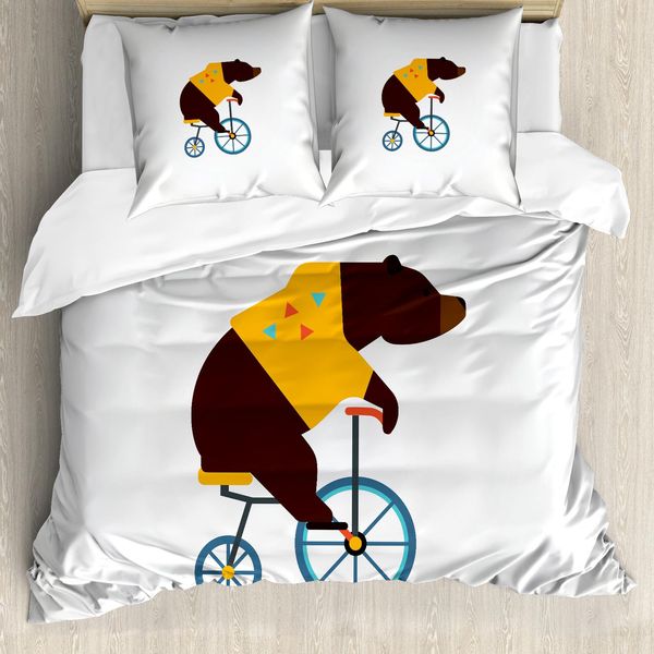 Abakuhaus Copripiumino Bicicletta, Orso Bicicletta Circo, Antiacaro Adatto A Chi Soffre Di Allergie Con Federe, 155 Cm X 220 Cm - 80 X 80 Cm, Marrone Giallo-image