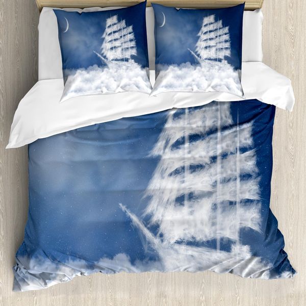 Abakuhaus Copripiumino Nautico, Nuvole E Navi Nel Cielo, Antiacaro, Adatto A Chi Soffre Di Allergie, Con Federe, 200 Cm X 200 Cm - 80 X 80 Cm, Blu E Bianco-image