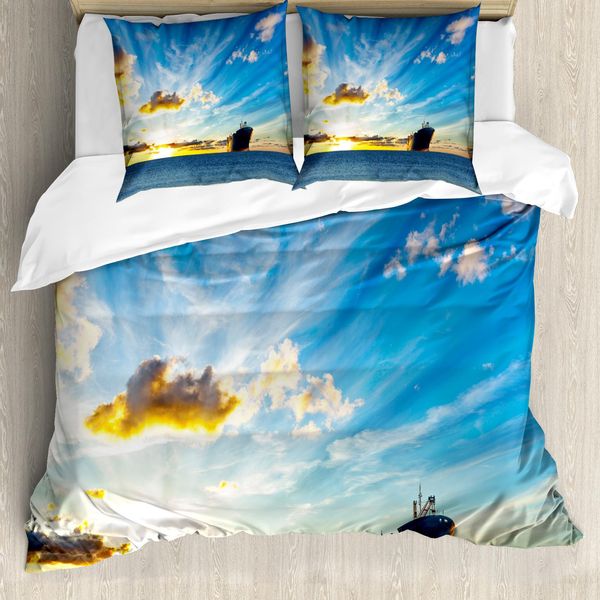 Abakuhaus Copripiumino Nautico, Mare Al Tramonto Nave, Antiacaro Adatto A Chi Soffre Di Allergie Con Federe, 200 Cm X 200 Cm - 80 X 80 Cm, Blu-image