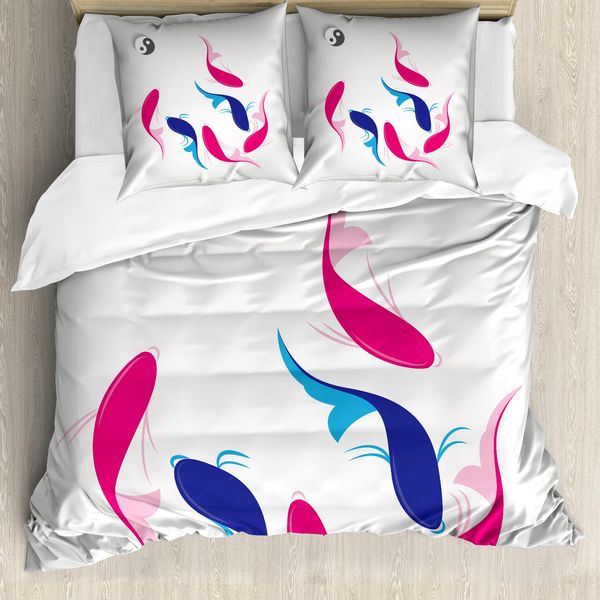 Abakuhaus Copripiumino Giapponese, Pesci Yin Yang, Antiacaro Adatto A Chi Soffre Di Allergie Con Federe, 200 Cm X 200 Cm - 80 X 80 Cm, Rosa Blu-image