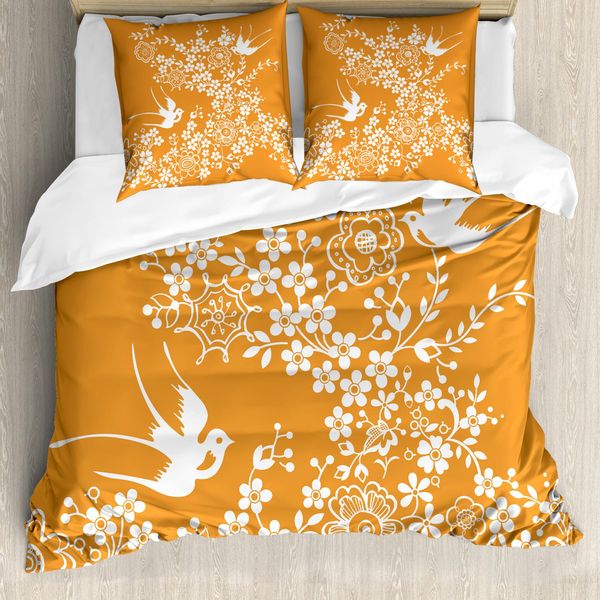 Abakuhaus Set Copripiumino Arancione Per Letti Matrimoniali, Uccelli Giapponesi, Antiacaro, Adatto A Chi Soffre Di Allergie, Con Federe, Calendula Bianca-image