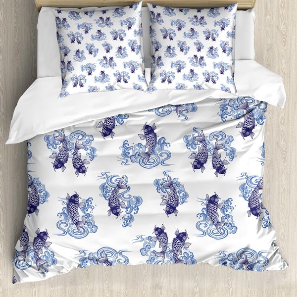 Abakuhaus Copripiumino Giapponese, Stile Giapponese Con Carpe, Antiacaro, Adatto A Chi Soffre Di Allergie, Con Federe, 200 Cm X 200 Cm - 80 X 80 Cm, Blu Scuro-image