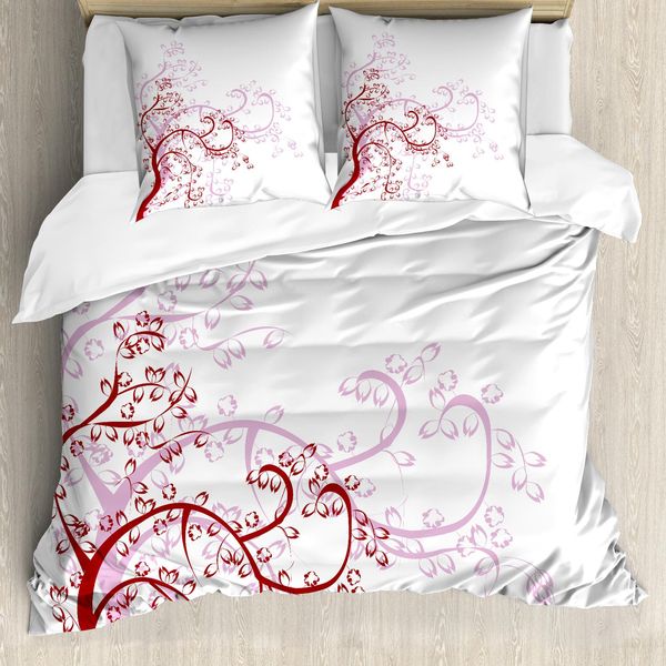 Abakuhaus Set Copripiumino Per Letti Matrimoniali, Magnolia Antica, Antiacaro, Adatto A Chi Soffre Di Allergie, Con Federe, Rosso E Bianco-image